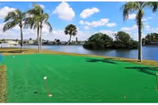 Outdoor putting green with several small flags on the green turf, palm trees, and a body of water with a partly cloudy sky in the background.