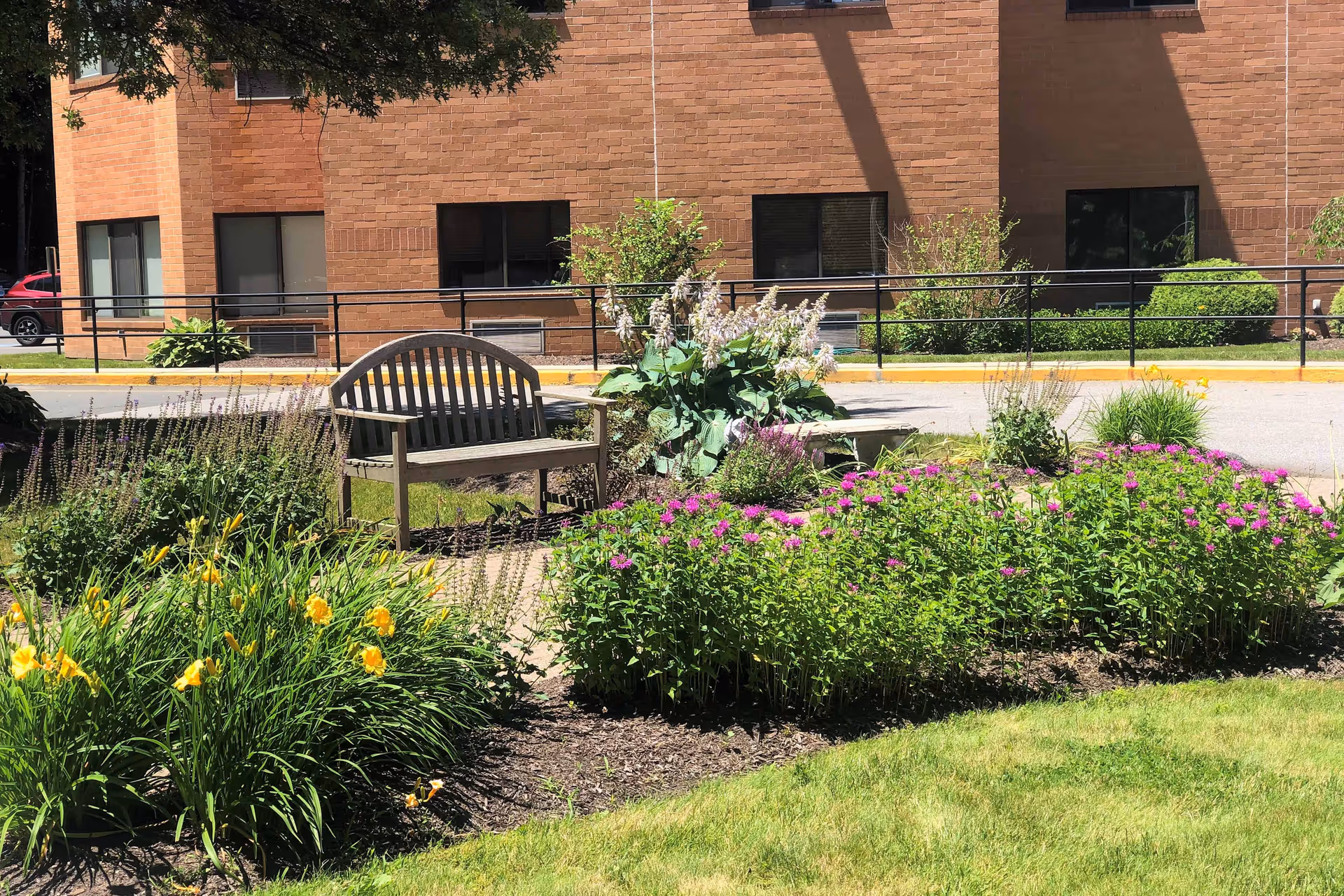 Wooden bench amid flowering garden beds in front of a brick senior living building.