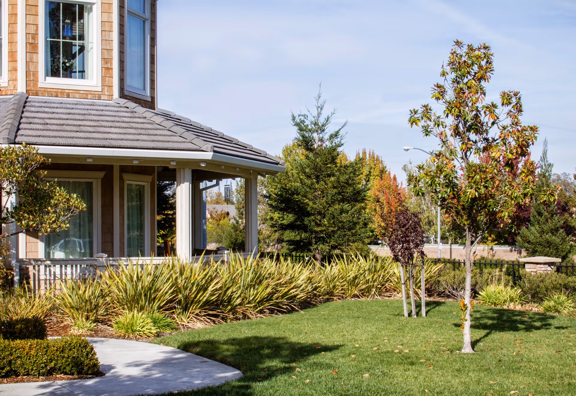 Front lawn and covered porch of a residential-style building with trees, shrubs, and a paved walkway under a clear sky.