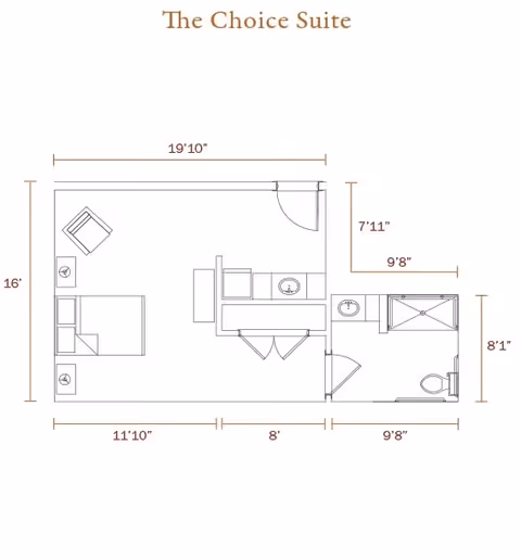 Floor plan of The Choice Suite showing a layout with a bedroom area including a bed and chair, a kitchenette with a sink and counter, and a bathroom with a shower, toilet, and sink. Dimensions of each section are labeled.