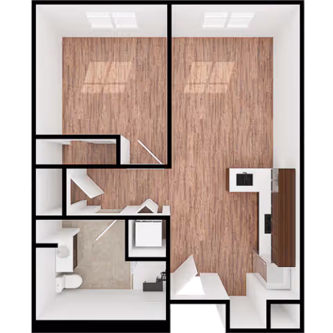 Top-down floor plan rendering of a one-bedroom unit with wood flooring, an open living/kitchen area, closets and a bathroom.
