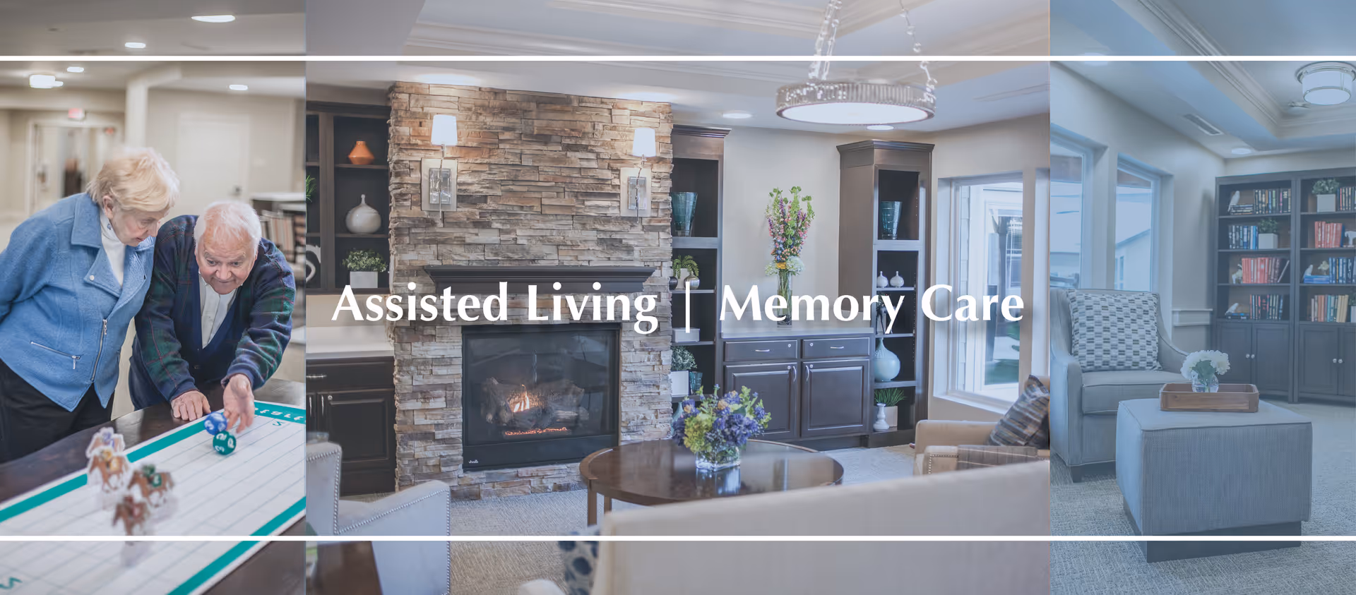 A collage of three images showing scenes from a senior living facility. The left image shows an elderly man and woman playing a tabletop game together. The center image features a cozy living room with a stone fireplace, wooden cabinets, and a round coffee table with a flower arrangement. The right image shows a quiet sitting area with armchairs, an ottoman, and bookshelves filled with books and decorative items. The text 'Assisted Living | Memory Care' is overlaid across the center image.