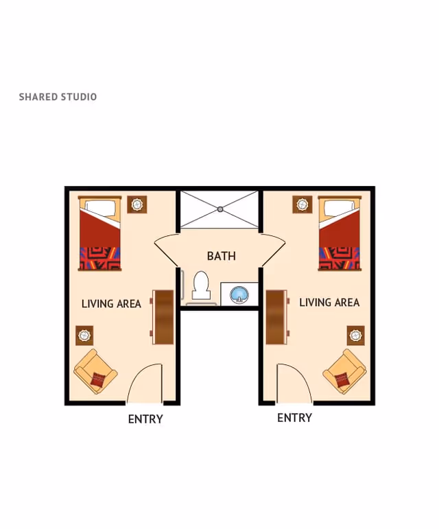 Top-down floor plan of a shared studio showing two mirrored living/sleeping areas with a central shared bathroom.