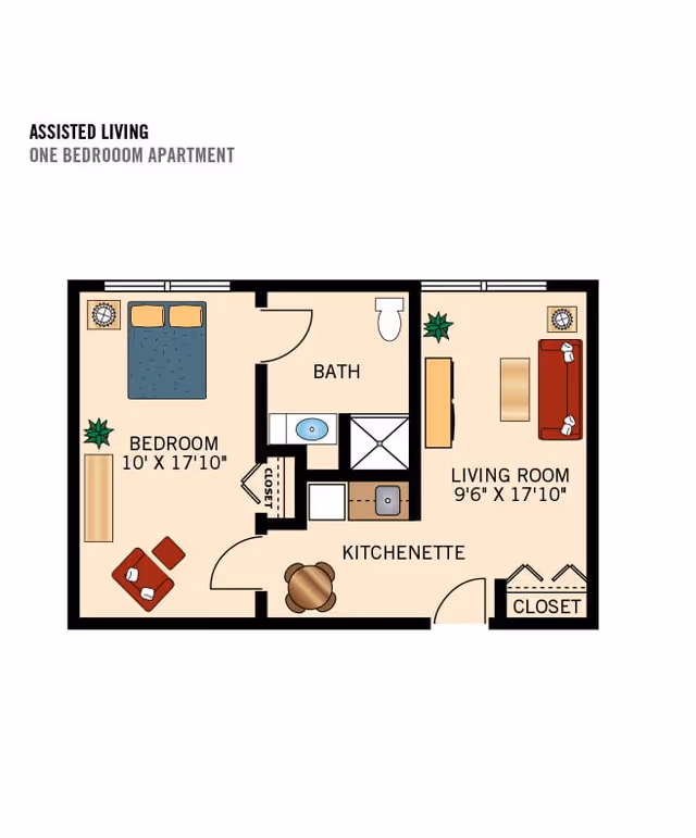 Floor plan of an assisted living one bedroom apartment showing a bedroom with a bed and seating area, a bathroom with a shower and toilet, a kitchenette with a small dining table, and a living room with a sofa and coffee table. There are two closets, one near the bedroom and one near the living room.