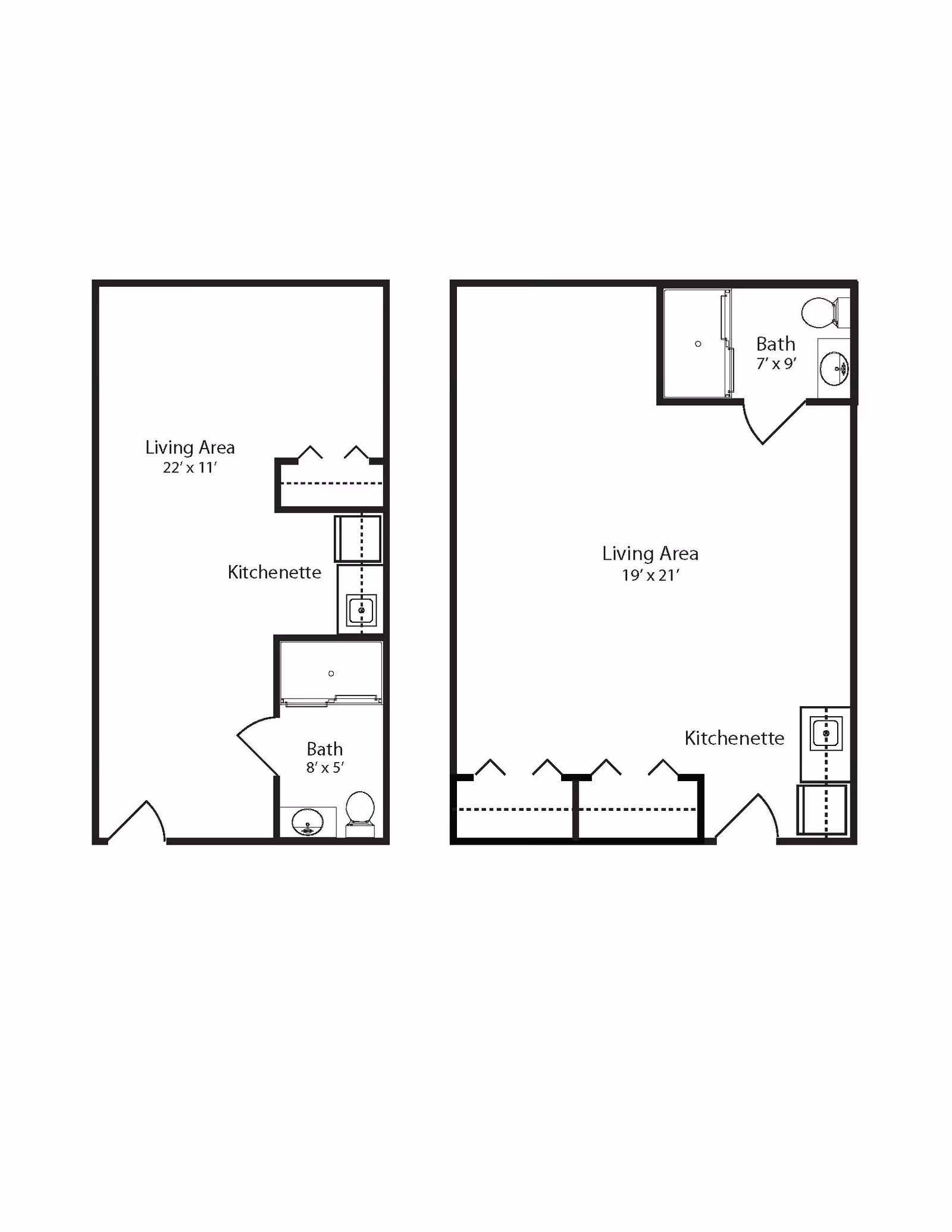 Floor plan layout showing two studio apartment designs with living areas, kitchenettes, and bathrooms. The left layout has a living area of 22 by 11 feet, a kitchenette, and a bathroom measuring 8 by 5 feet. The right layout has a living area of 19 by 21 feet, a kitchenette, and a bathroom measuring 7 by 9 feet.