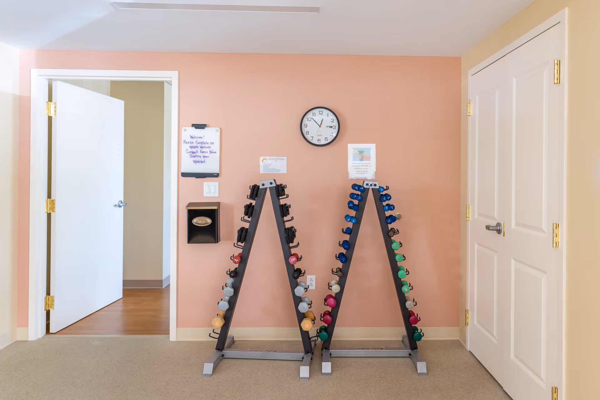 Two A-frame racks holding various colored dumbbells are positioned against a peach-colored wall. Above the racks is a round clock showing the time as 11:05. To the left, there is an open white door leading to another room with wooden flooring. On the wall near the door, there is a whiteboard with a handwritten message and a black mailbox. To the right, there is a closed white double door with gold hinges and silver handles.