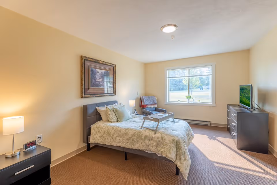 Sunlit bedroom with a bed, bedside tables and lamps, an armchair by a window, and a dresser with a TV.