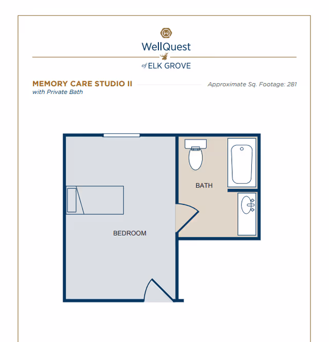 Floor plan of a Memory Care Studio II at WellQuest of Elk Grove, showing a bedroom area with a bed and a private bath including a toilet, bathtub, and sink. The approximate square footage is 281.