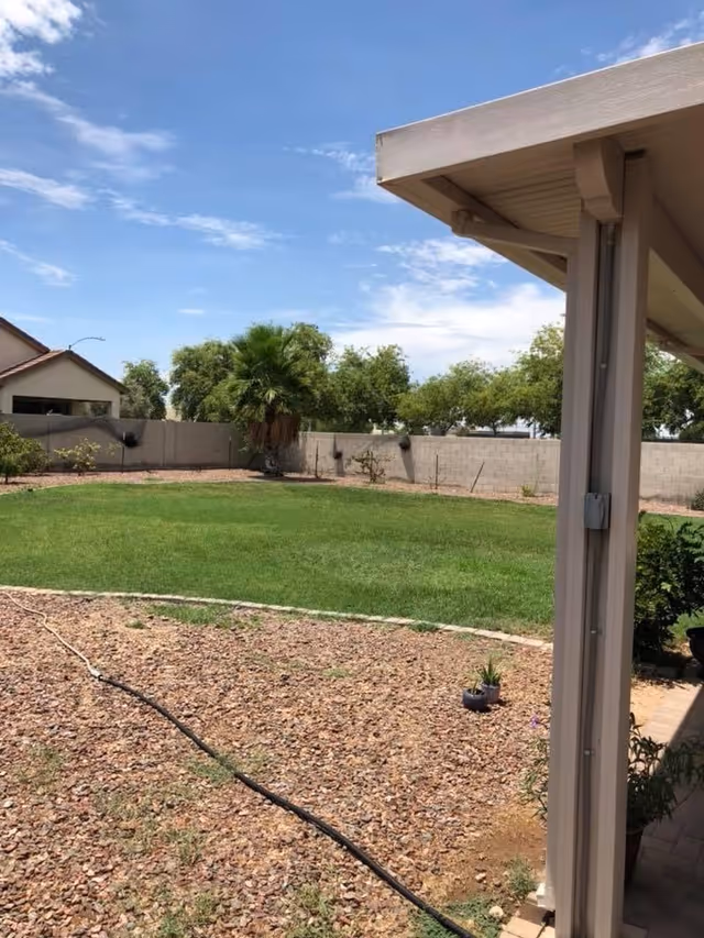 View of a backyard with a green lawn, a palm tree, and other trees along a concrete block wall under a blue sky with some clouds. The foreground shows a gravel area with a black hose and part of a covered patio structure on the right side.