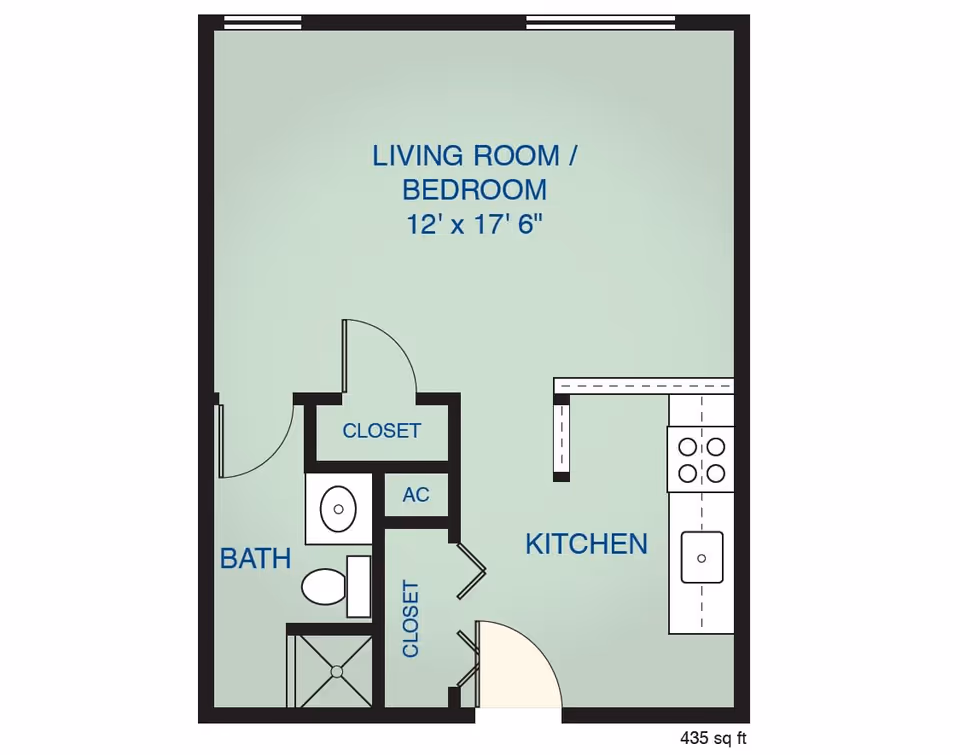 Floor plan of a living space at Buckner Westminster Place showing a combined living room and bedroom area measuring 12 feet by 17 feet 6 inches, a kitchen with stove and sink, a bathroom with toilet and shower, and two closets along with an AC unit. The total area is 435 square feet.