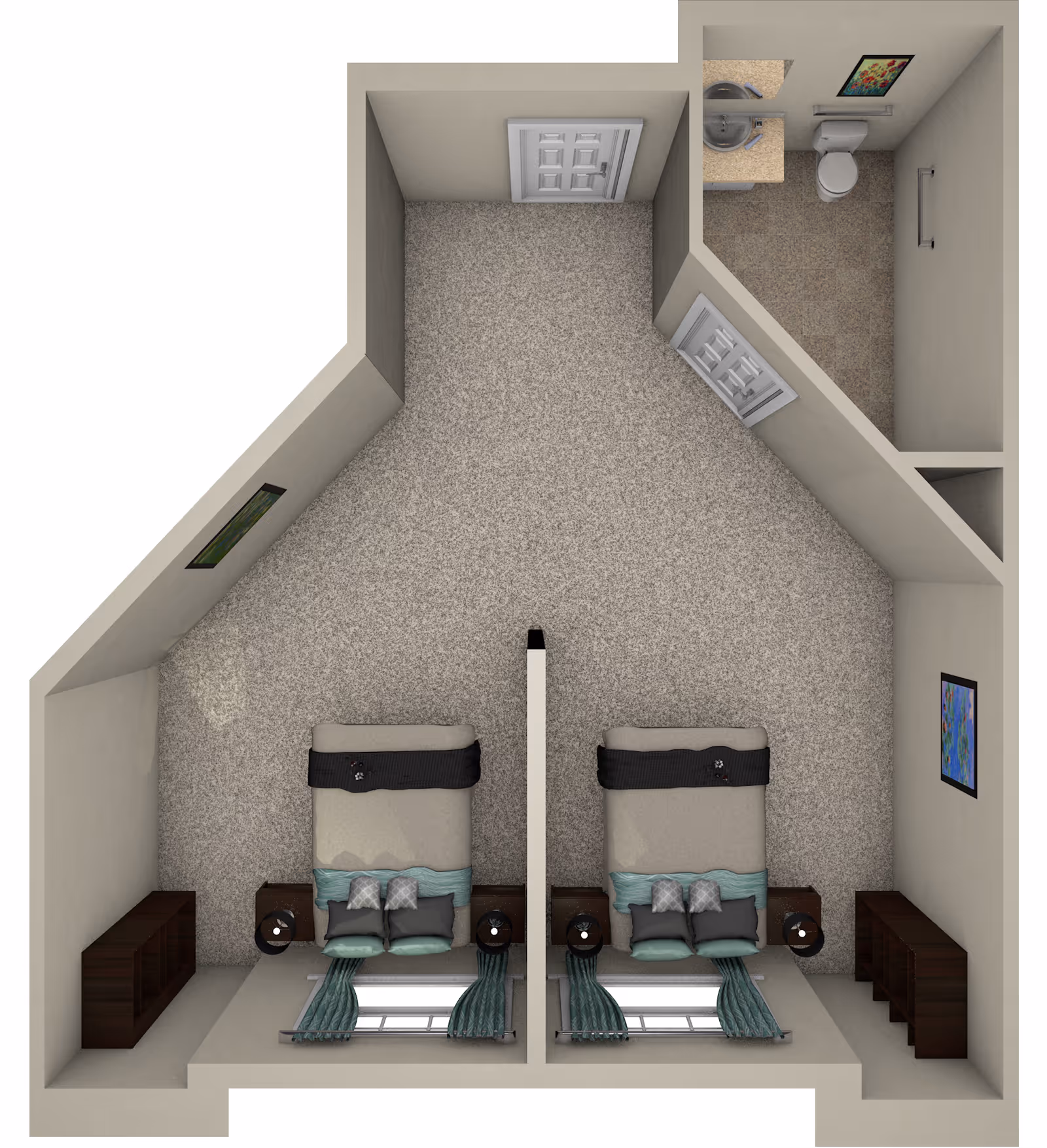 Top-down floor-plan rendering of a twin bedroom with two beds separated by a partial divider and an adjacent bathroom.
