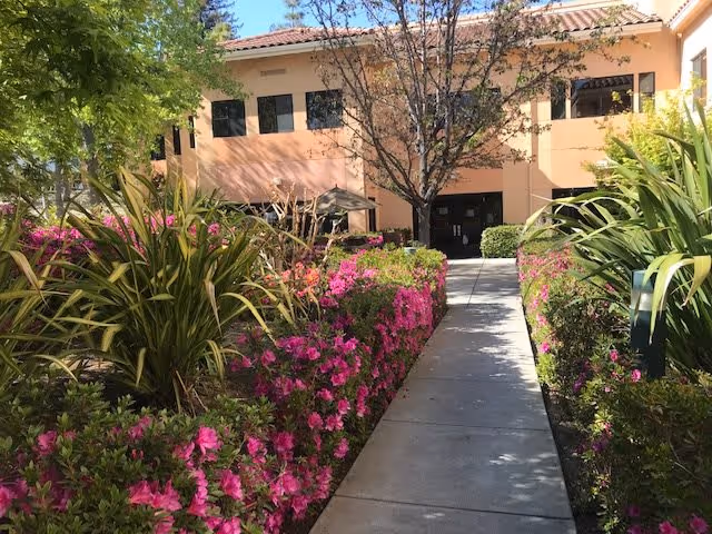 Pathway lined with pink flowering shrubs leading to the entrance of a two-story peach-colored building.