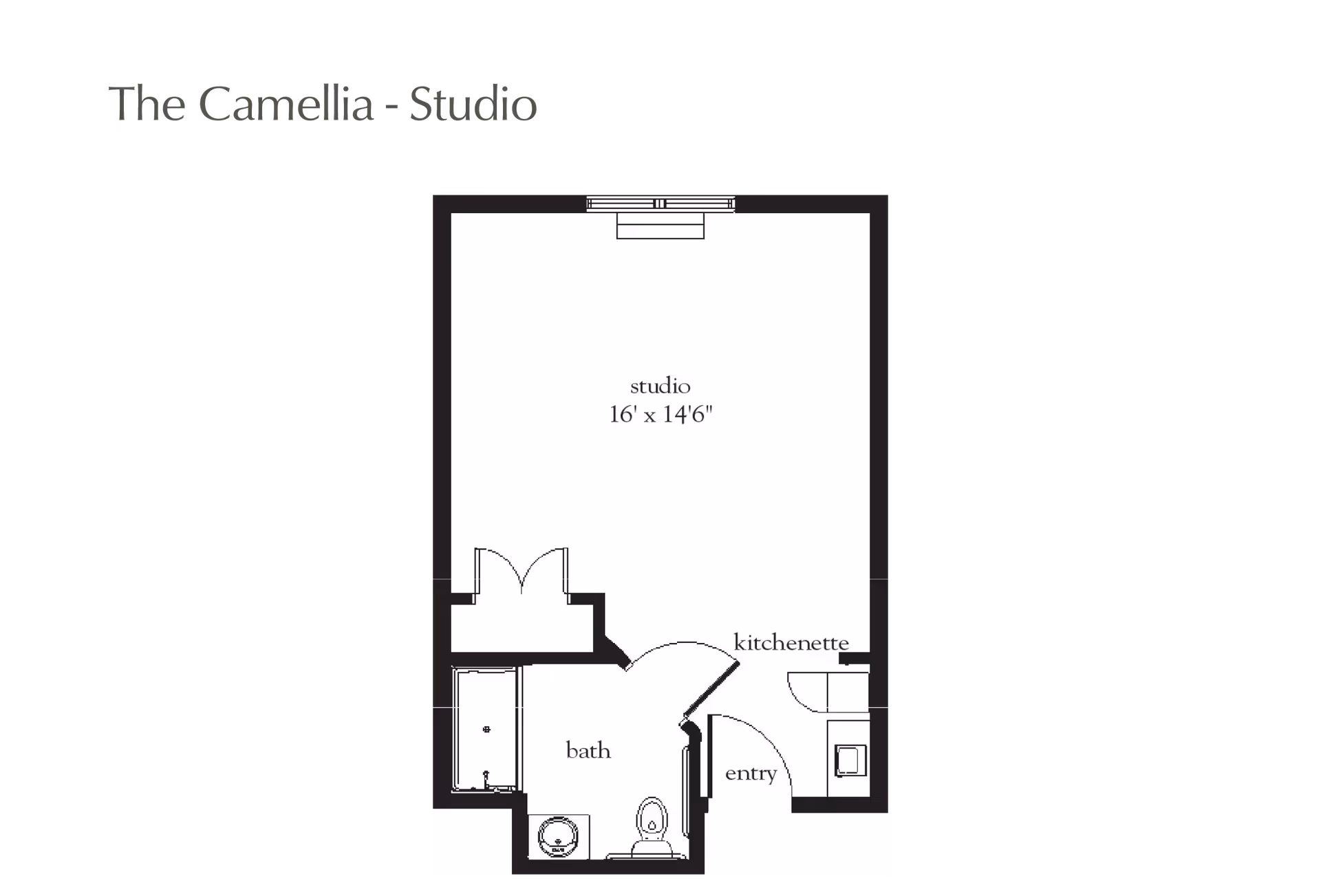 Floor plan layout of The Camellia studio apartment showing a studio area measuring 16 feet by 14 feet 6 inches, a kitchenette, an entryway, and a bathroom with a sink, toilet, and bathtub.