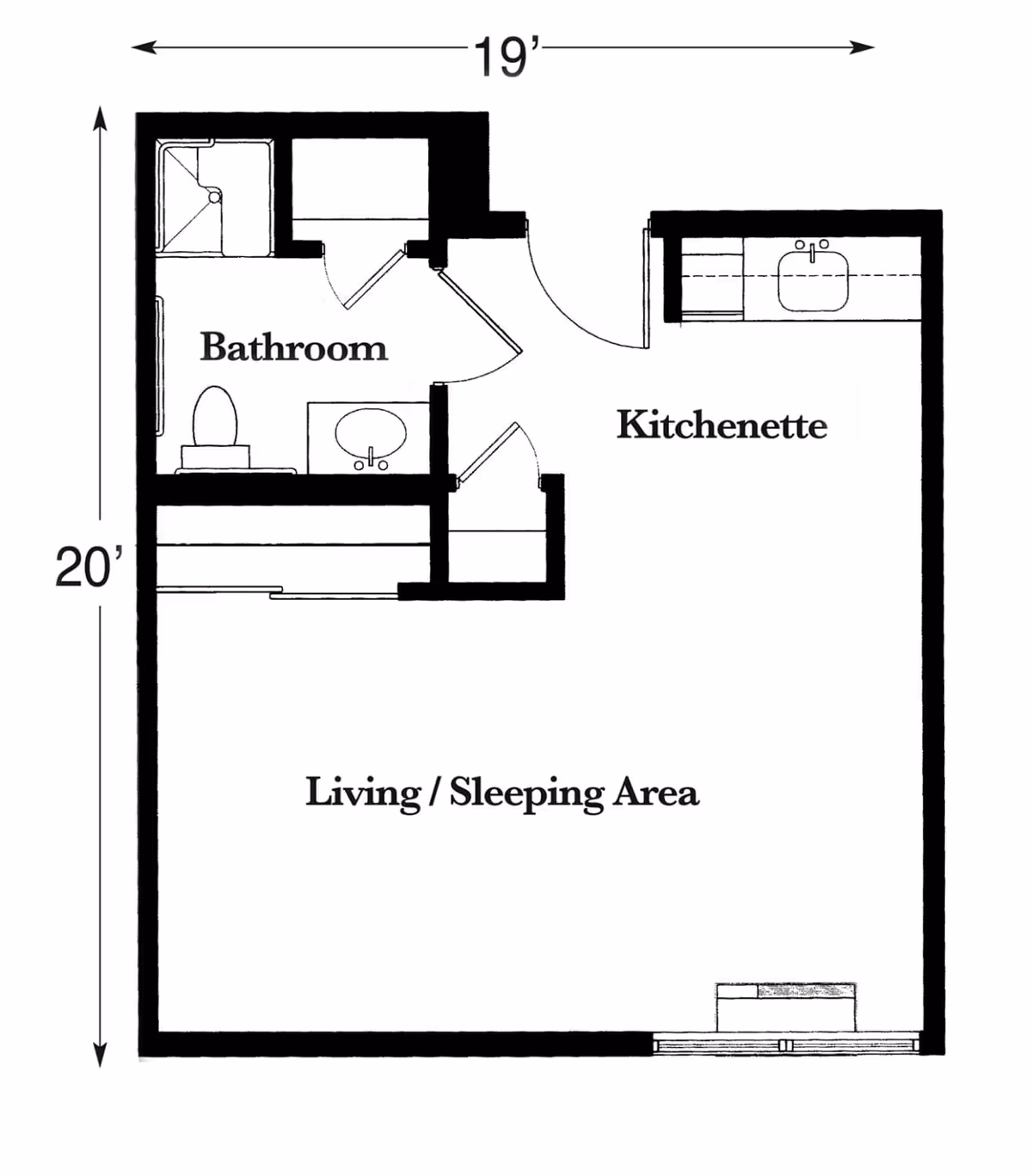 Floor plan of a small living space at Bowman Estates of Danville showing a bathroom, kitchenette, and a combined living/sleeping area with dimensions 19 feet by 20 feet.