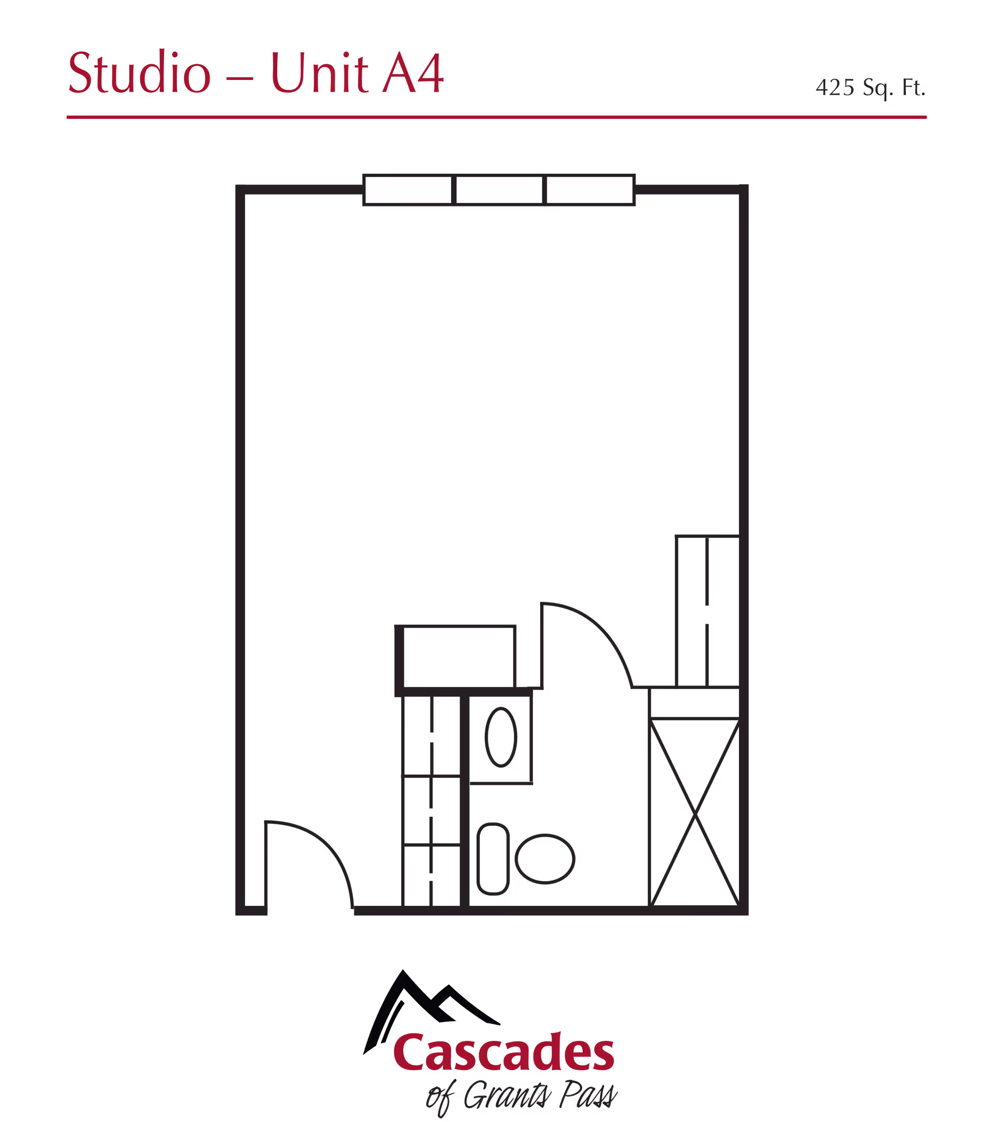 Black floor plan diagram labeled "Studio – Unit A4" showing a 425 sq. ft. studio layout with a bathroom, closet and entry, and the Cascades of Grants Pass logo.