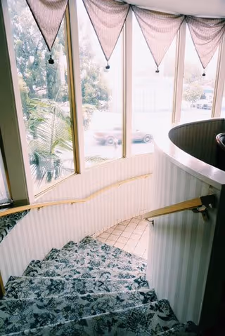 View looking down a carpeted staircase with floral patterned carpet and wooden handrails on both sides. Large windows with sheer triangular curtains allow natural light to brighten the stairwell, and trees and parked cars are visible outside.