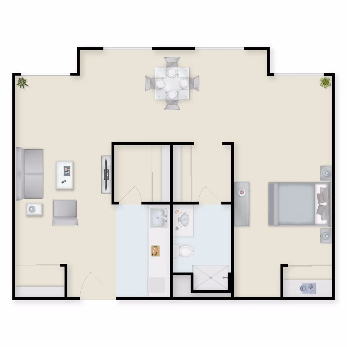 Floor plan of a senior living apartment featuring a living room with sofa, armchair, coffee table, and TV; a dining area with a table set for four; a kitchen with a sink and counter space; a bathroom with a shower, toilet, and sink; and a bedroom with a bed, nightstands, and dresser. There are also two closets between the living room and bedroom.