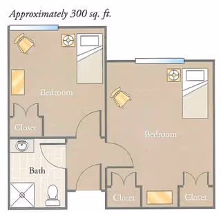 Floor plan showing two bedrooms, each with a bed, chair, and closet. There is a bathroom with a shower, toilet, and sink. The total area is approximately 300 square feet.