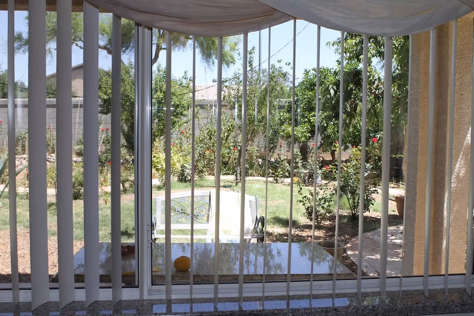 View through vertical blinds of a patio area with a white metal bench and a garden with green trees and plants in the background on a sunny day.
