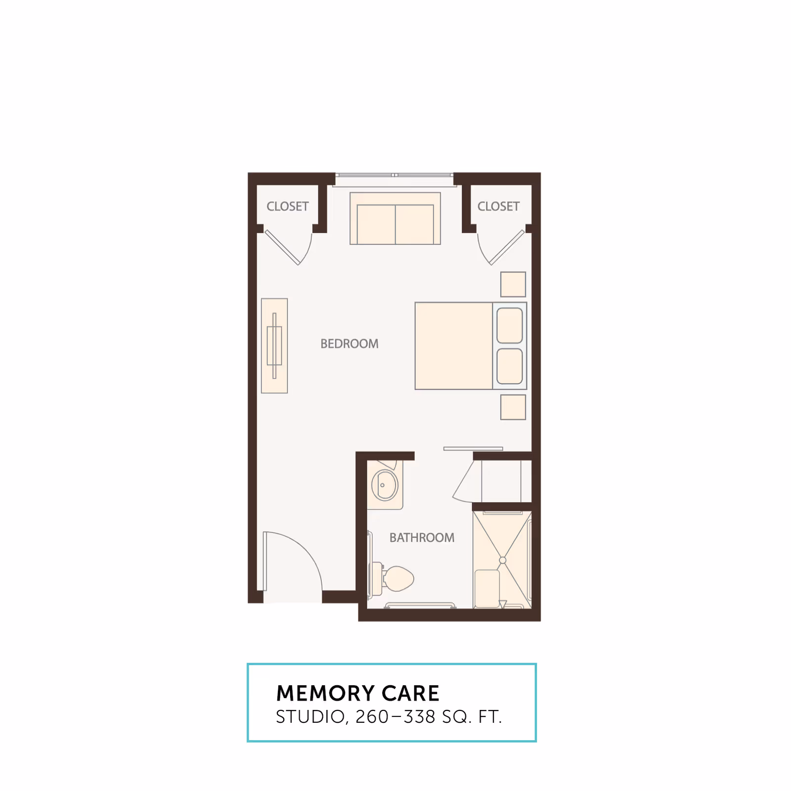 Floor plan of a memory care studio apartment showing a bedroom area with two closets, a bed, a sofa, and a bathroom with a toilet, sink, and shower. The total area is between 260 and 338 square feet.