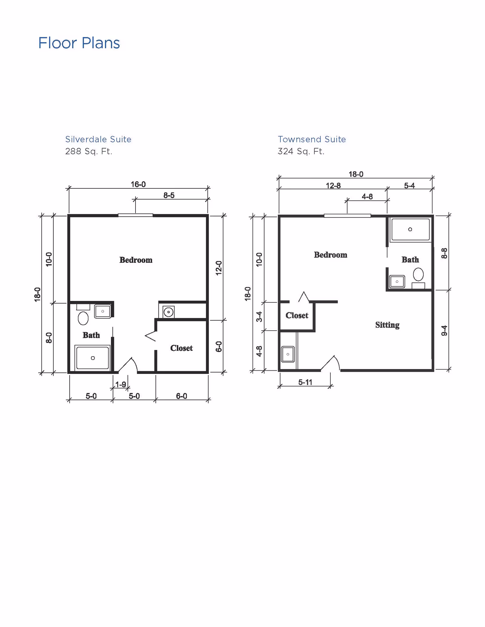 Floor plans for two suites at Brookdale Corsicana. The Silverdale Suite is 288 square feet with a bedroom, bath, and closet. The Townsend Suite is 324 square feet with a bedroom, bath, sitting area, and closet. Both plans include dimensions for each room and layout details.