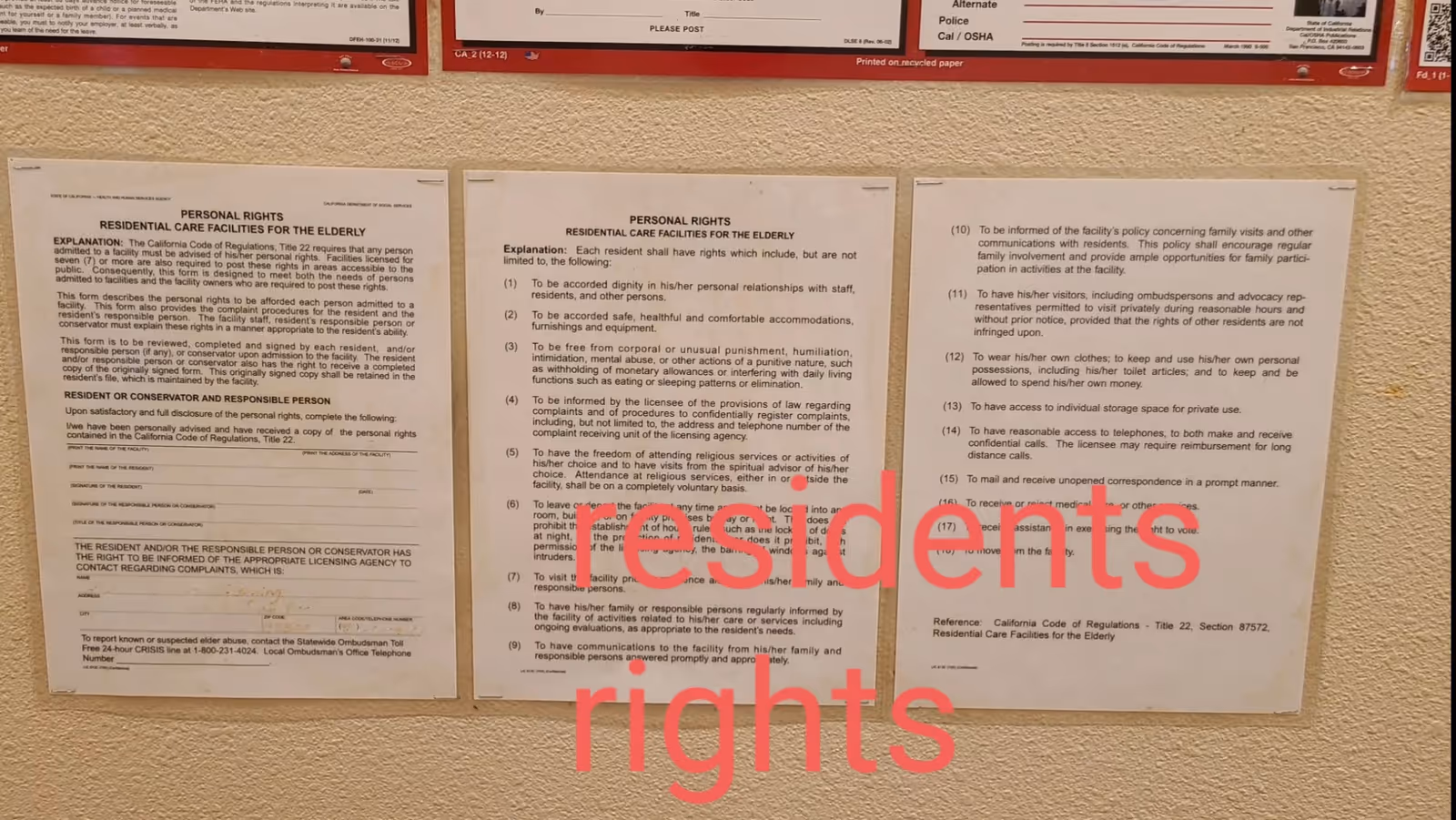 Three printed notices about personal rights for residents of residential care facilities for the elderly are pinned on a beige wall. The middle notice is titled 'PERSONAL RIGHTS RESIDENTIAL CARE FACILITIES FOR THE ELDERLY' and lists various rights. The text 'residents rights' is overlaid in large red letters across the middle and right notices.