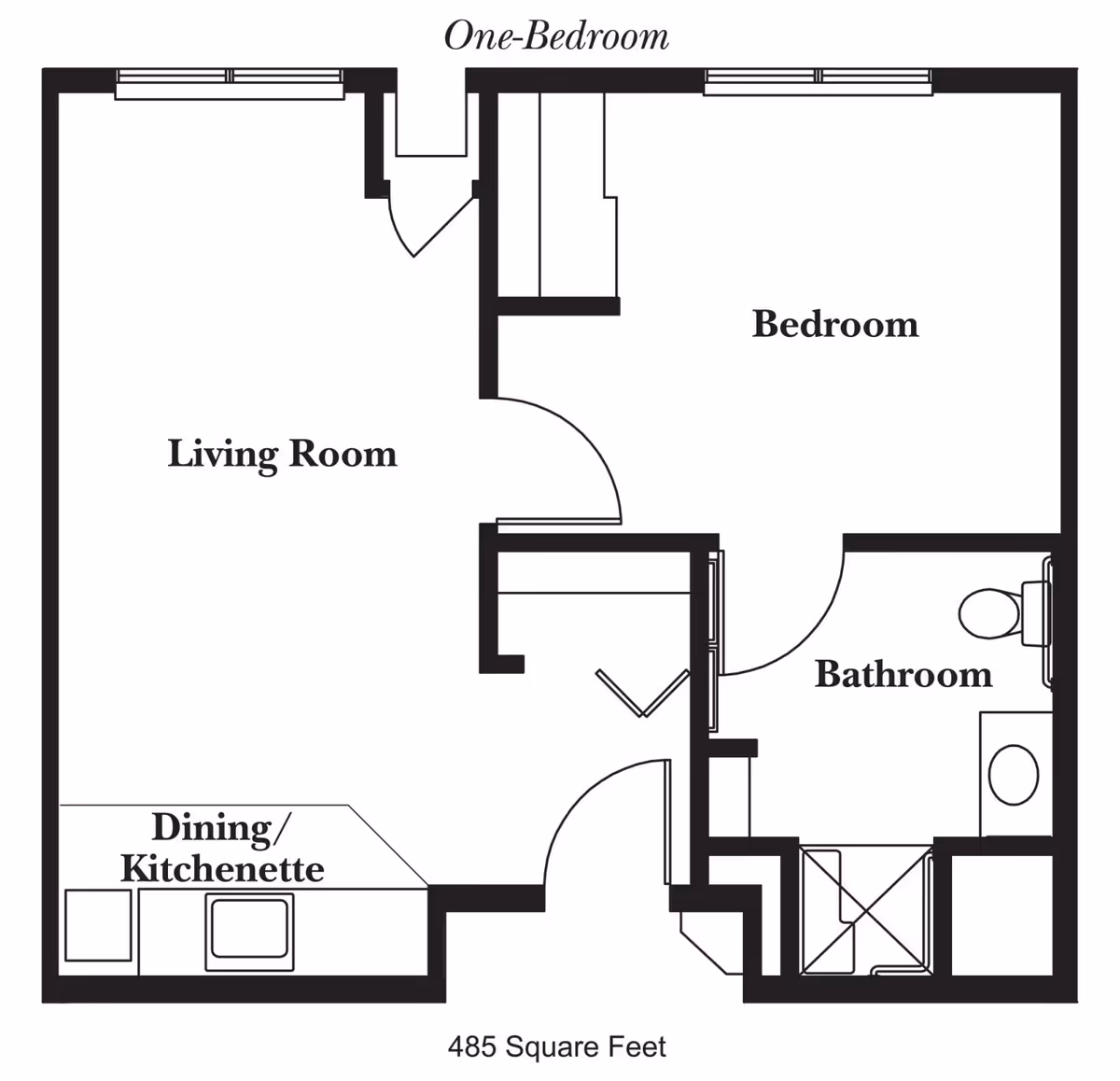 Floor plan of a one-bedroom apartment with a living room, bedroom, bathroom, and dining/kitchenette area. The total area is 485 square feet.