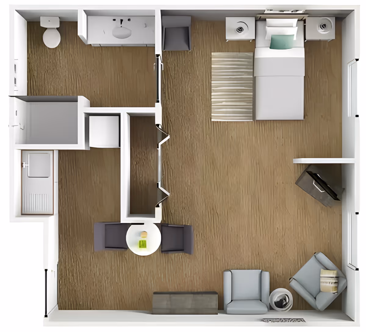 Top-down view of a small apartment floor plan featuring a bedroom with a single bed, two nightstands, a rug, and a chair. Adjacent to the bedroom is a living area with two armchairs, a small round table, and a TV mounted on the wall. The layout also includes a bathroom with a toilet and sink, and a small kitchen area with a sink and counter space.