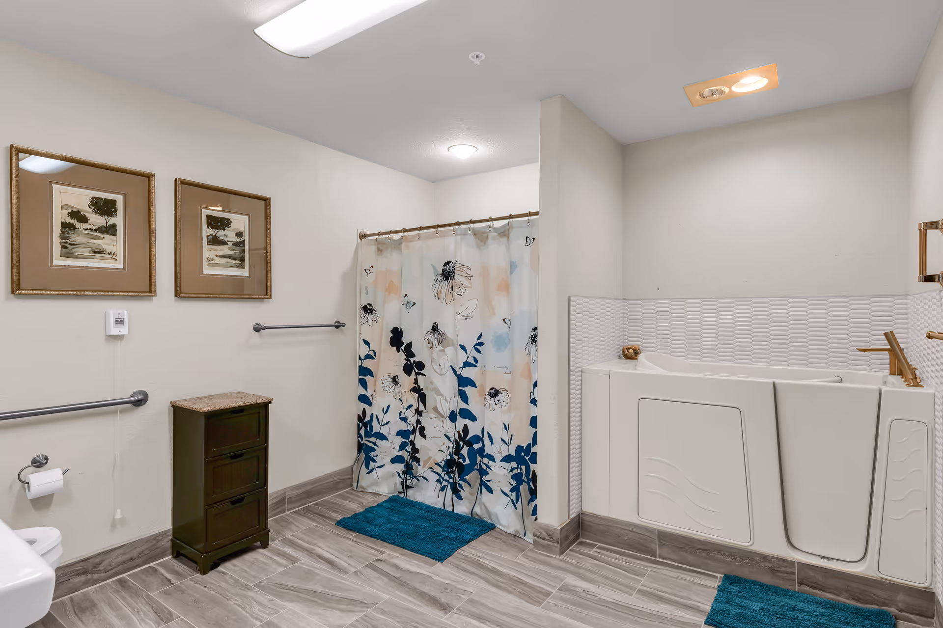 Spacious accessible bathroom featuring a walk-in bathtub, a shower with a floral curtain, grab bars, and framed wall art.