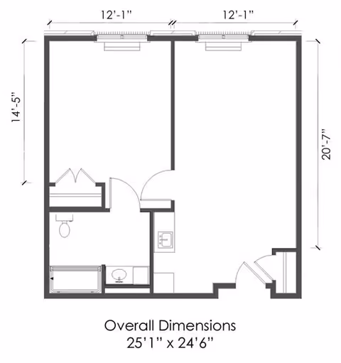 Architectural floor plan showing a layout with two main rooms, a bathroom with a toilet, bathtub, and sink, and an entry area. Overall dimensions are 25 feet 1 inch by 24 feet 6 inches.
