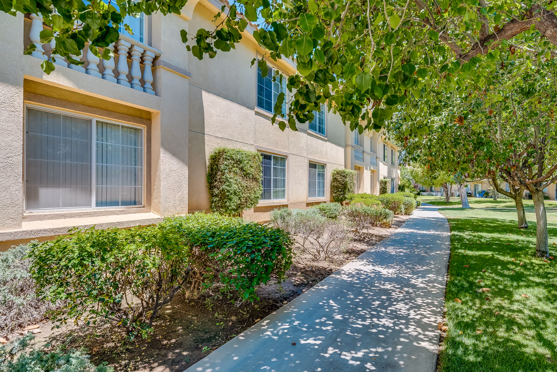 A sunny outdoor walkway beside a beige building with multiple windows. The path is lined with green bushes and trees providing shade, with a well-maintained grassy area on the right side.