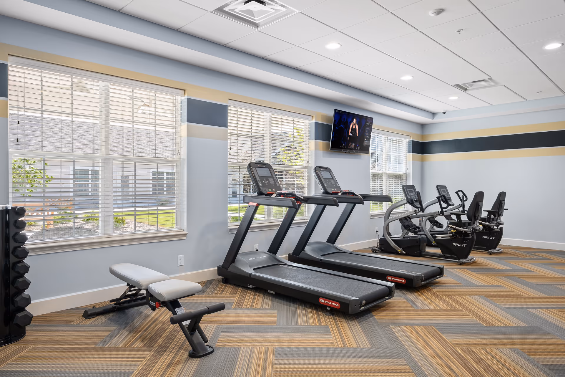 A bright fitness room with two treadmills, two recumbent exercise bikes, a weight bench, and a rack of dumbbells. Large windows with white blinds let in natural light, and a wall-mounted TV is visible above the exercise equipment. The room has a patterned carpet and light blue walls with a decorative stripe near the ceiling.