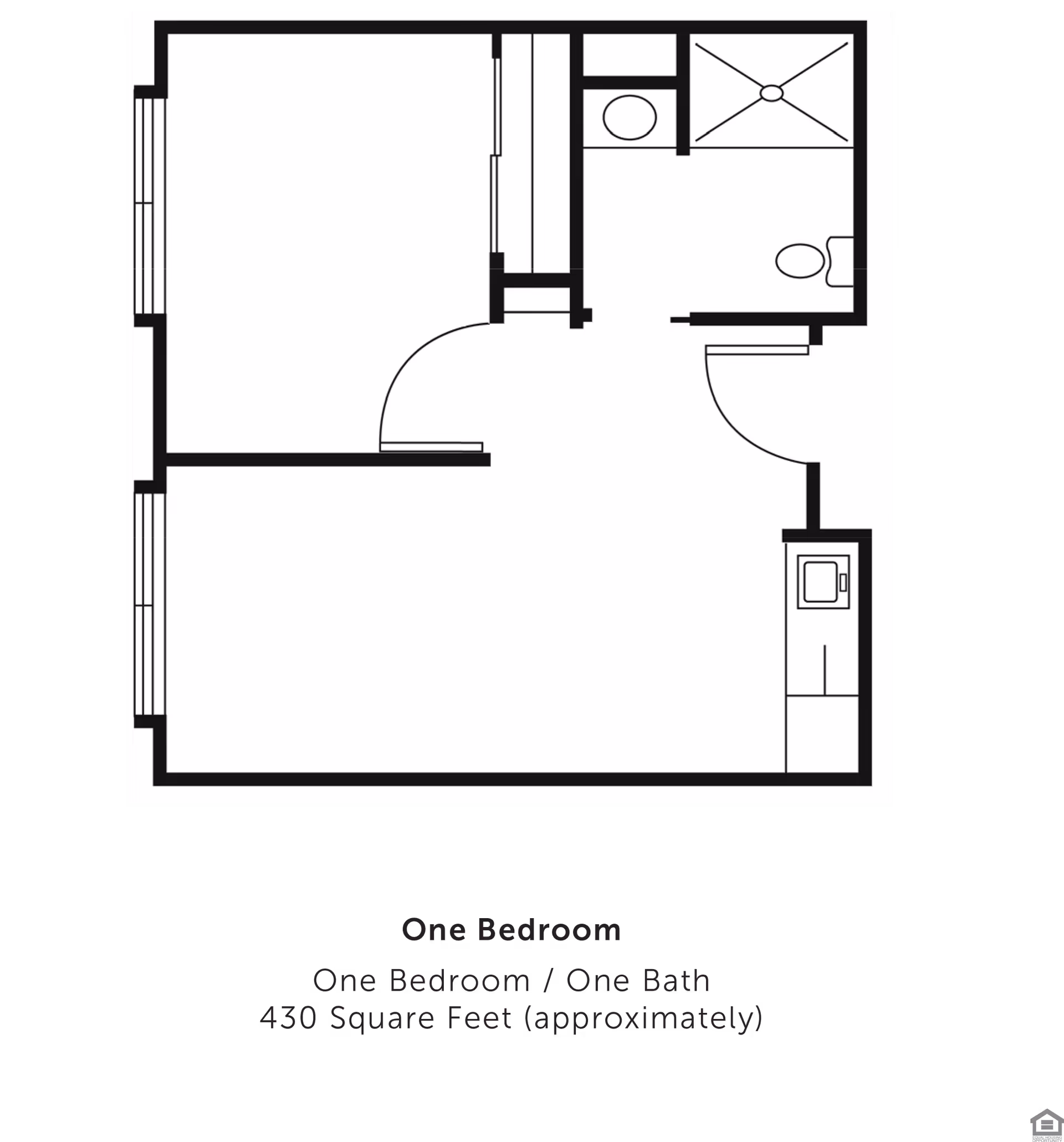 Floor plan of a one-bedroom, one-bath assisted living apartment with approximately 430 square feet. The layout includes a bedroom, bathroom with shower, toilet and sink, and a combined living and kitchen area.