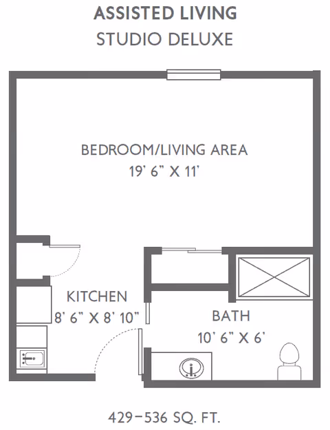Floor plan of an assisted living studio deluxe apartment at Traditions at Hunter Station, showing a bedroom/living area measuring 19 feet 6 inches by 11 feet, a kitchen measuring 8 feet 6 inches by 8 feet 10 inches, and a bathroom measuring 10 feet 6 inches by 6 feet. The total area is between 429 and 536 square feet.