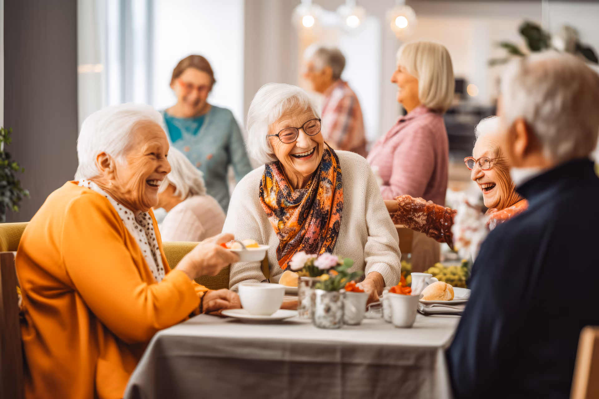 A group of elderly residents laughing and chatting around a table with cups and plates in a communal dining area.