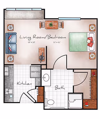 Floor plan of a senior living unit at Orchard Pointe at Arrowhead showing a combined living room and bedroom area, a kitchen, and a bathroom. The living room/bedroom area includes a sofa, coffee table, and bed. The kitchen has a refrigerator, sink, and stove. The bathroom includes a toilet, sink, and bathtub. There is also a closet space adjacent to the bathroom.