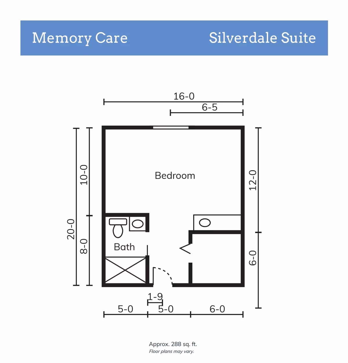 Floor plan of the Silverdale Suite for Memory Care at Maris Pointe, showing a bedroom area, a bathroom with a toilet and sink, and a closet. Dimensions and approximate square footage of 288 sq. ft. are included.