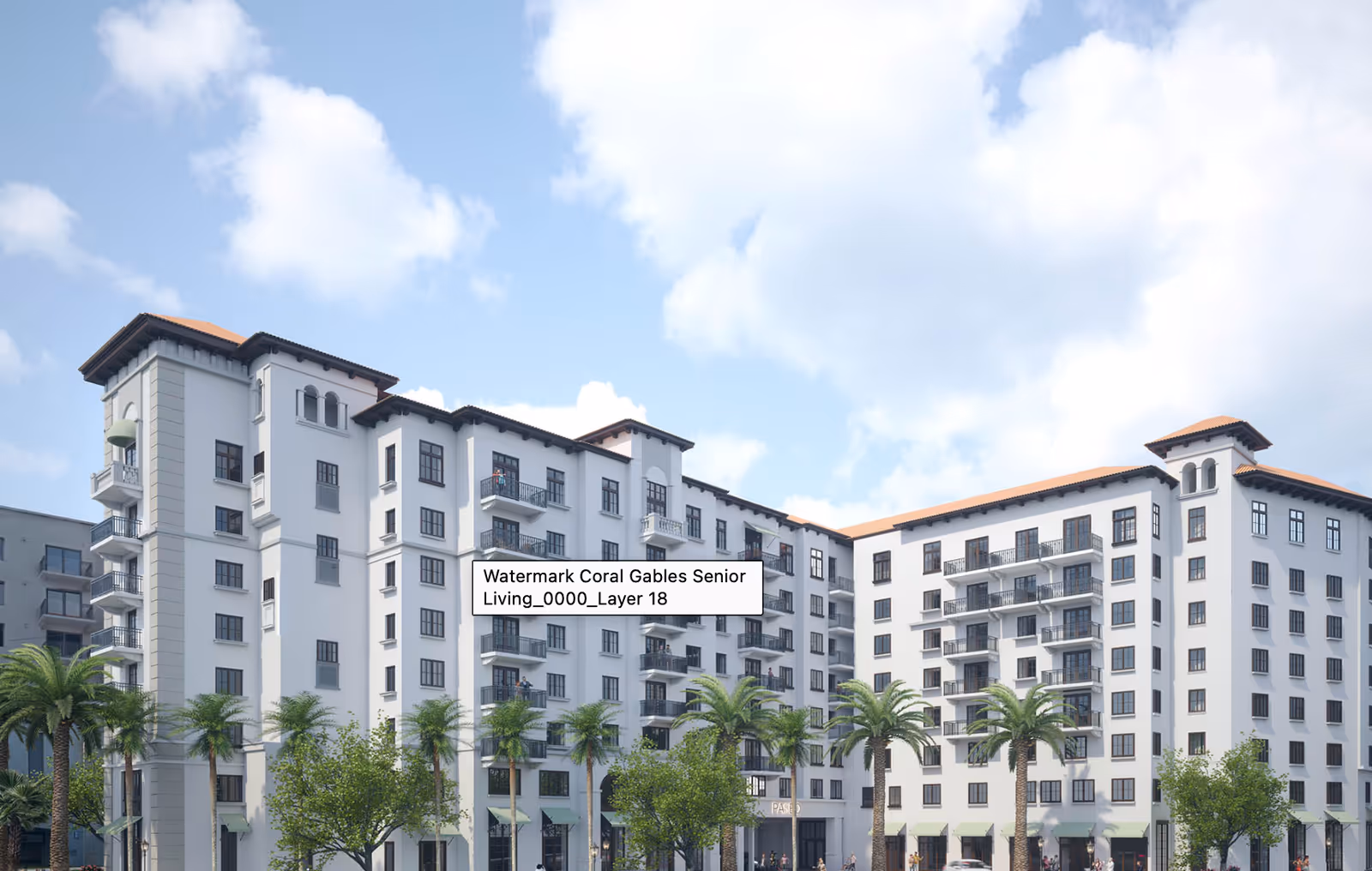 Front view of a multi-story Mediterranean-style senior living building with balconies and palm trees under a blue sky.