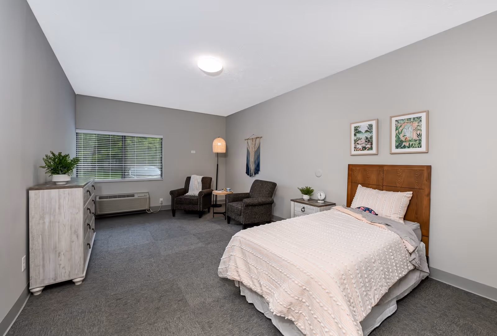 A senior living facility bedroom with a single bed covered in a light pink textured blanket and a wooden headboard. There are two framed botanical prints hanging above the bed. Next to the bed is a small nightstand with a plant and a clock. Across from the bed is a light-colored dresser with a plant on top. Near the window, there are two dark upholstered armchairs with a small round table between them and a floor lamp. The room has gray walls, a window with blinds, and gray carpeted flooring.