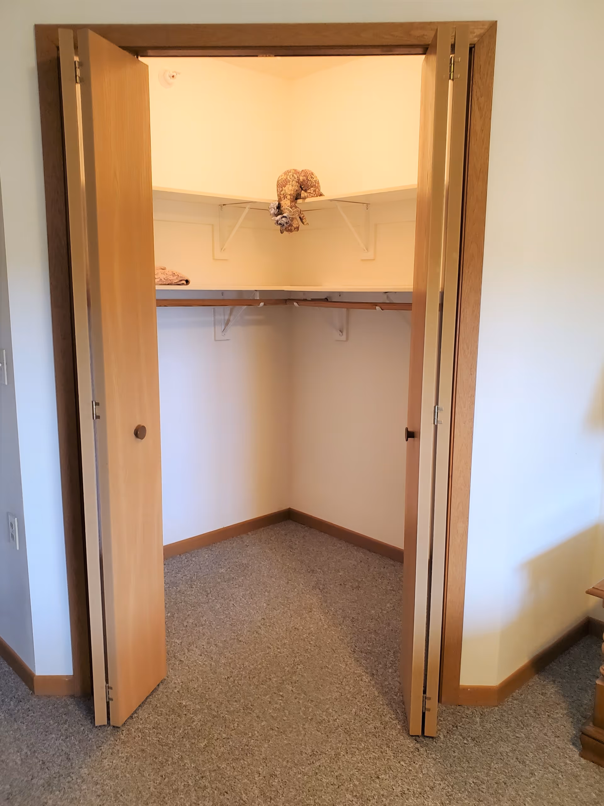 Open wooden bi-fold closet doors revealing an empty carpeted closet with white walls and wooden trim. There are two shelves along the back and side walls, with a stuffed animal and some folded fabric placed on the top shelf.