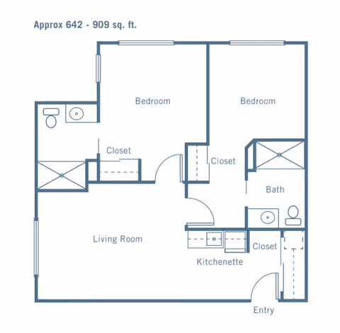 Floor plan of a residential unit at The Oaks showing two bedrooms, a living room, a kitchenette, a bathroom, closets, and an entry area, with an approximate size of 642 to 909 square feet.
