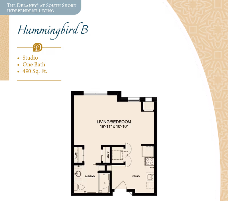 Floor plan of the Hummingbird B studio apartment at The Delaney at South Shore independent living, showing a combined living and bedroom area measuring 19 feet 11 inches by 10 feet 10 inches, a kitchen, a bathroom, and two closets. The apartment is 490 square feet with one bath.