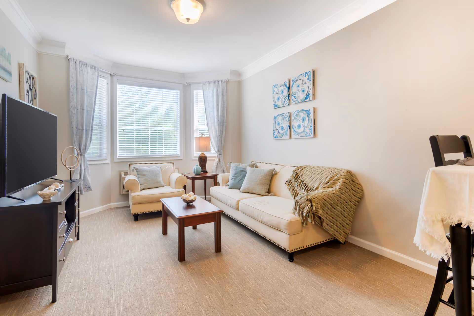 A bright and cozy living room with a beige sofa adorned with pillows and a knitted throw blanket, a matching armchair, a wooden coffee table, and a TV on a dark wooden stand. The room has large windows with white blinds and light blue curtains, a side table with a lamp, and four decorative blue and white wall art pieces.