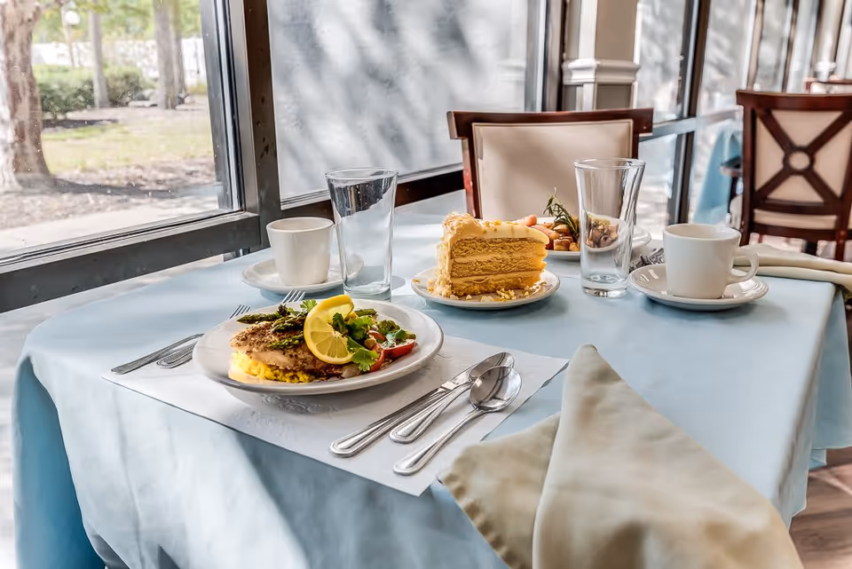 A dining table set with plates of food including a slice of layered cake, a dish with grilled chicken, rice, asparagus, and lemon garnish, along with cups, glasses, and silverware. The table is covered with a light blue tablecloth and is positioned next to large windows showing an outdoor view with trees and grass.