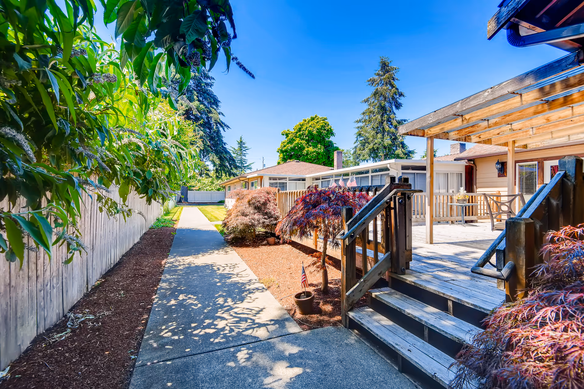 Sunlit concrete walkway beside a wooden deck and landscaped shrubs leading to a patio and single-story building under a clear blue sky.