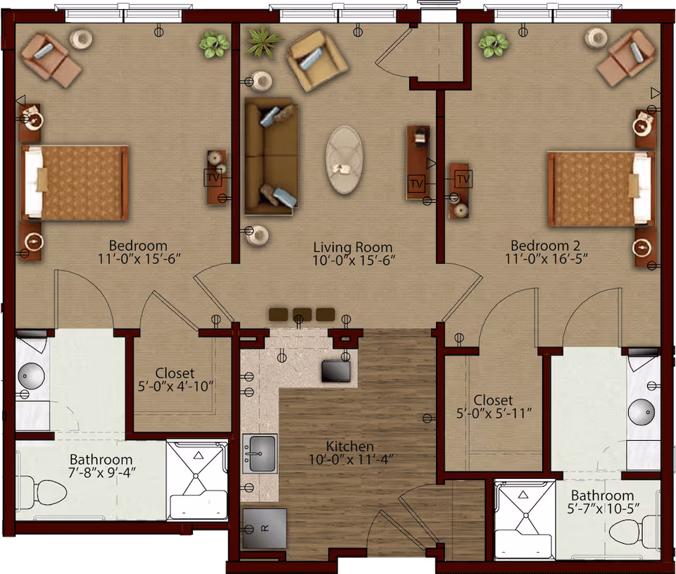 Floor plan of a two-bedroom apartment at Harmony at Avon, featuring two bedrooms each with a closet and bathroom, a living room with seating and TV, and a kitchen with appliances and a breakfast bar.
