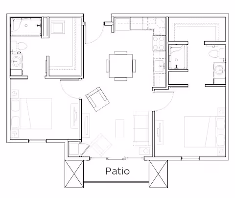 Architectural floor plan of a residential unit featuring two bedrooms, two bathrooms, a kitchen with an adjacent dining area, a living room, and a patio.