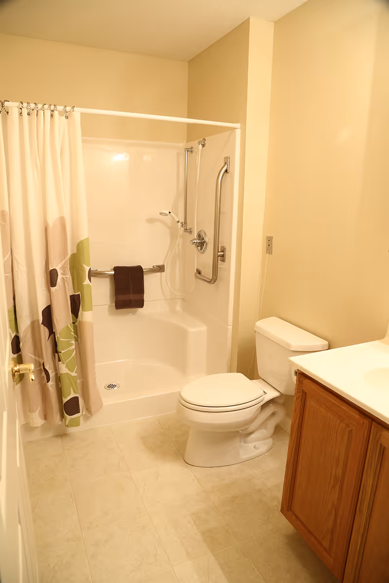 Small accessible bathroom with a shower-tub combo, grab bars, patterned shower curtain, toilet, and wooden vanity.