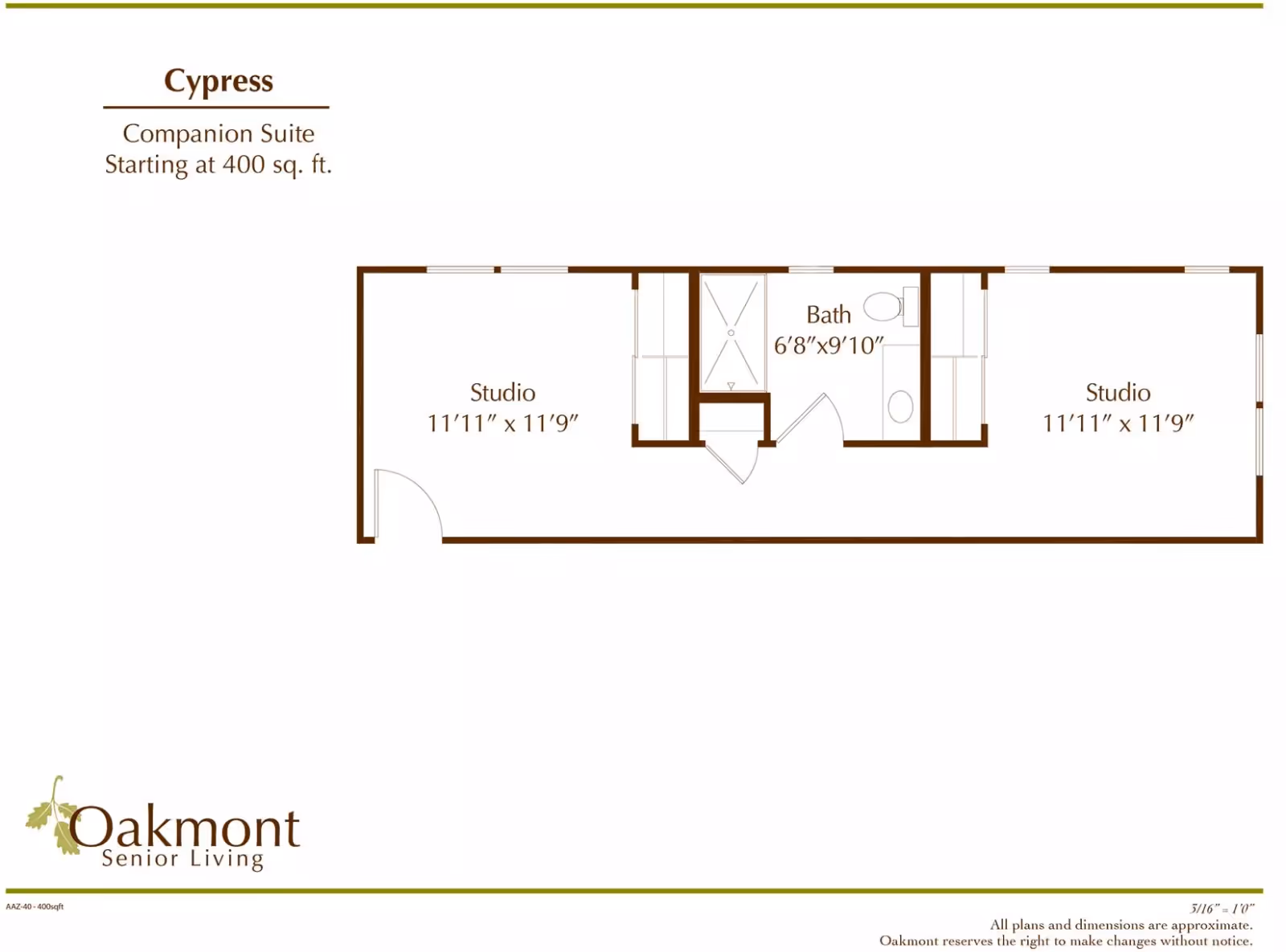 Floor plan of the Cypress companion suite at Oakmont Senior Living, showing two studio rooms each measuring 11 feet 11 inches by 11 feet 9 inches, with a shared bathroom measuring 6 feet 8 inches by 9 feet 10 inches in between.
