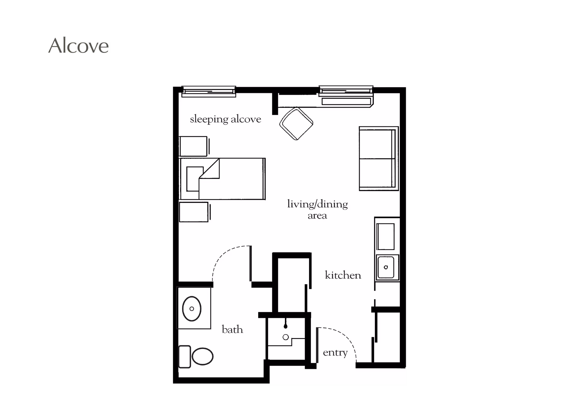 Floor plan of an alcove apartment showing a sleeping alcove with a bed and nightstand, a living/dining area with a chair and sofa, a kitchen with a sink and cabinets, an entry area, and a bathroom with a toilet and sink.